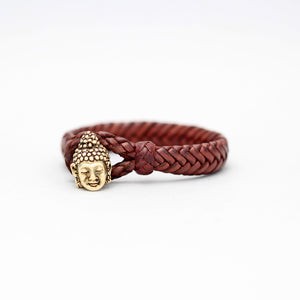 BRAIDED LEATHER BRACELET IN BROWN WITH YELLOW BRASS BUDDHA HEAD LOCK