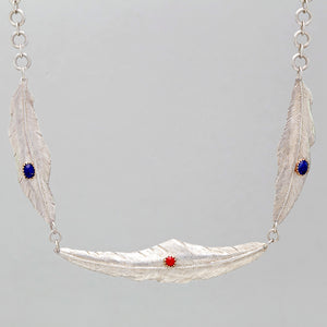 TRIPLE FEATHER NECKLACE IN STERLING SILVER WITH LAPIS AND CORAL STONES
