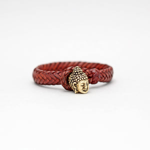BRAIDED LEATHER BRACELET IN BROWN WITH YELLOW BRASS BUDDHA HEAD LOCK