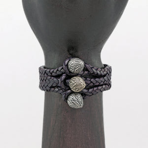 TRIPLE CLOSURE FEATHER CAPS WITH BRAIDED LEATHER BRACELET IN BLACK
