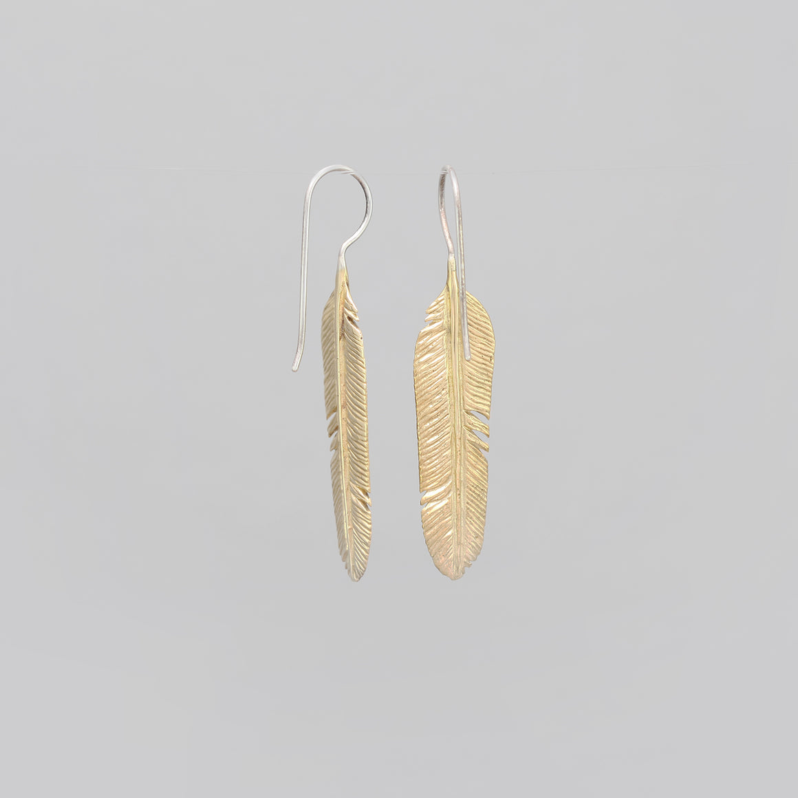 LARGE YELLOW BRASS FEATHER DROP EARRINGS