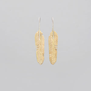 LARGE YELLOW BRASS FEATHER DROP EARRINGS