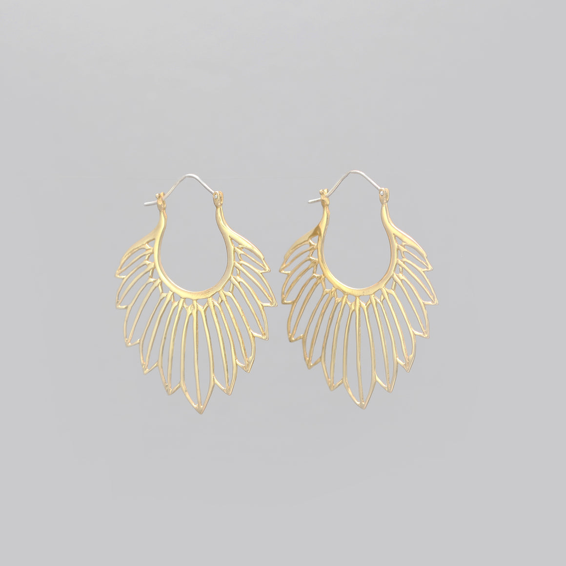 YELLOW BRASS TRACED FEATHER EARRINGS