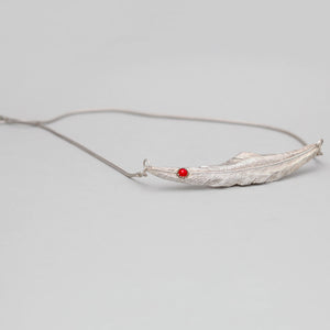 STERLING SILVER FEATHER NECKLACE WITH CORAL IN GOLD CAP